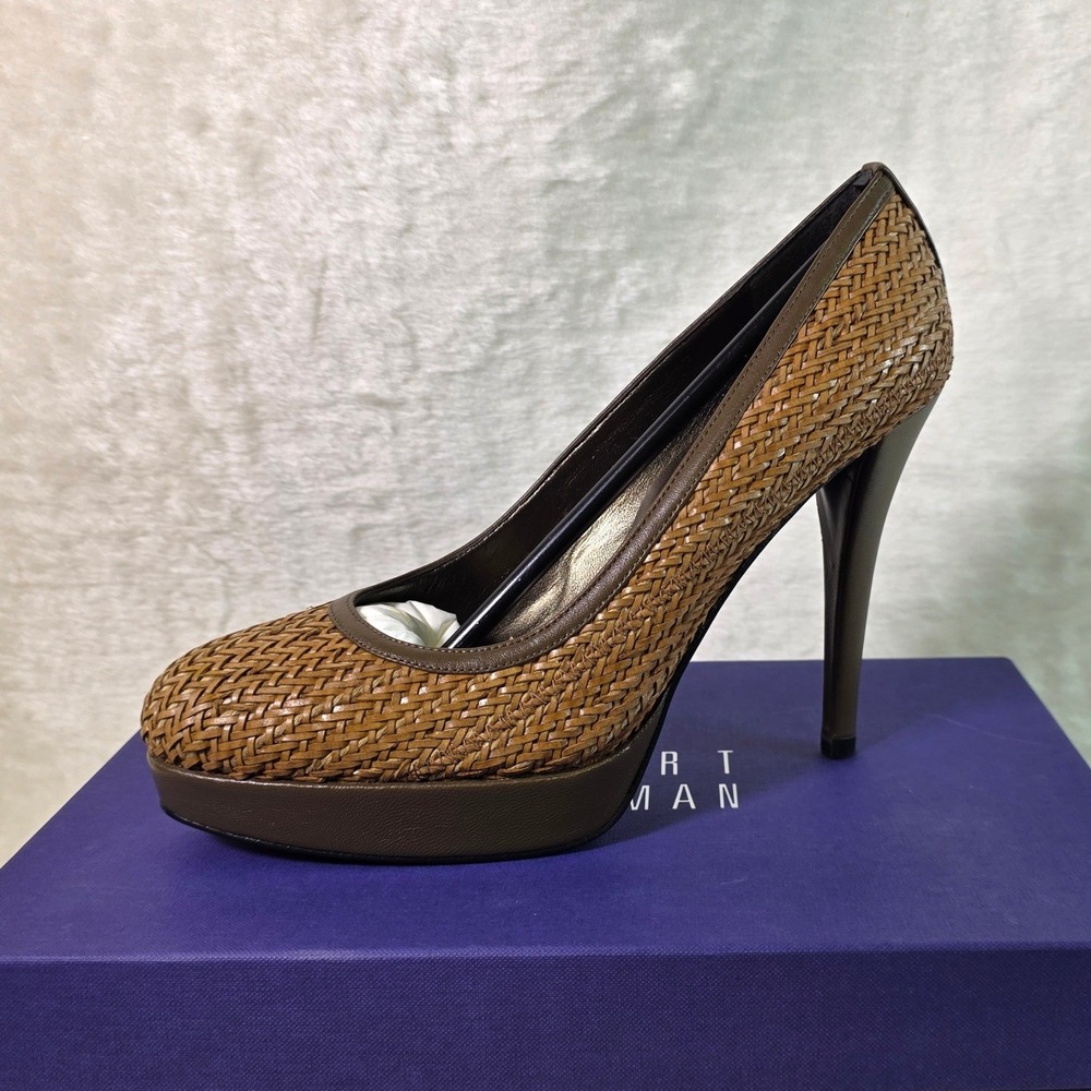 Stuart Weitzman Woven Platform Pumps Stilettos Leather Brown Womens 7.5 NEW